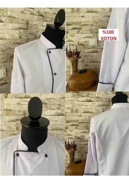 %100 Pamuk Gabardin Beyaz Uzun Kol Şef Aşçı Ceketi / Aşçı Gömleği Siyah Düğmeli