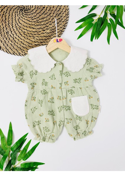 Italy Yeşil Dallar Desen Boydan Çıtçıtlı Müslin Tulum - Yeşil