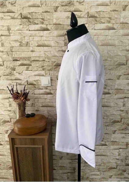 %100 Pamuk Gabardin Beyaz Uzun Kol Şef Aşçı Ceketi / Aşçı Gömleği Siyah Düğmeli fiyatları