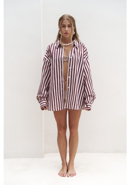 Rosy Transparan Çizgili Bordo Oversize Gömlek modelleri