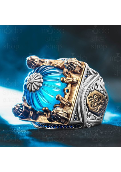 925 Ayar Gümüş Islam Usta Kubbet'ül Sır Model Cami Motifli Kehribar Taşlı Erkek Yüzük