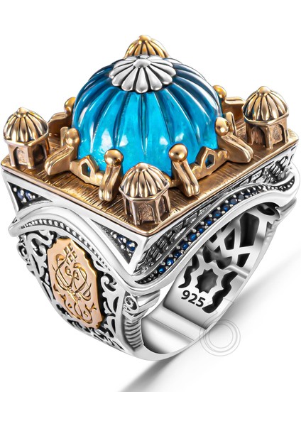 925 Ayar Gümüş Islam Usta Kubbet'ül Sır Model Cami Motifli Kehribar Taşlı Erkek Yüzük modelleri