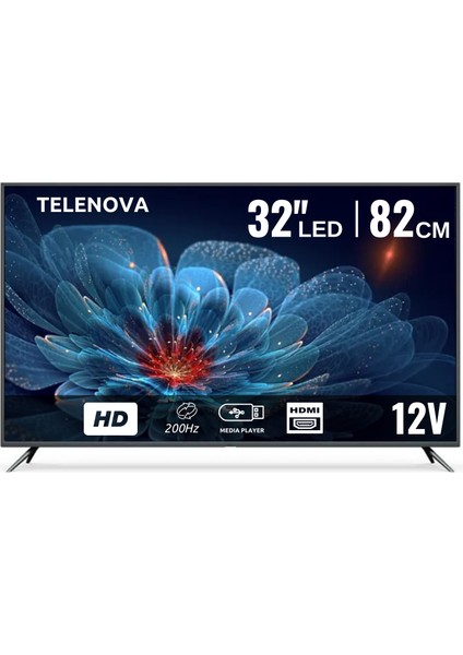 Telenova 32” Inç 82 Ekran LED TV HD Uydu Alıcılı, 12V Destekli, Taşınabilir, Karavan, Ev, Ofis Için