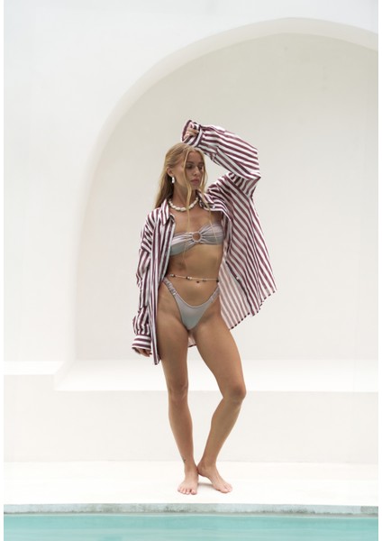 Rosy Transparan Çizgili Bordo Oversize Gömlek