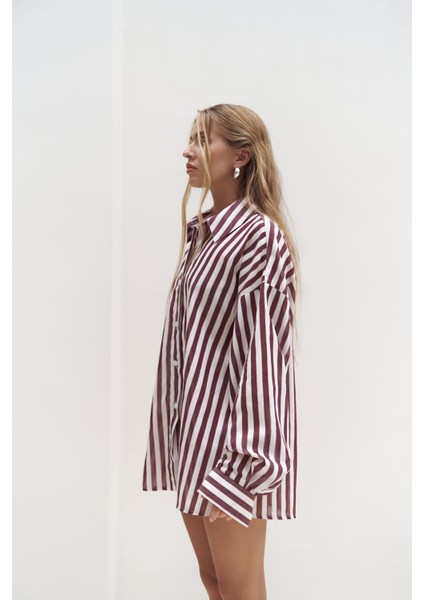 Rosy Transparan Çizgili Bordo Oversize Gömlek