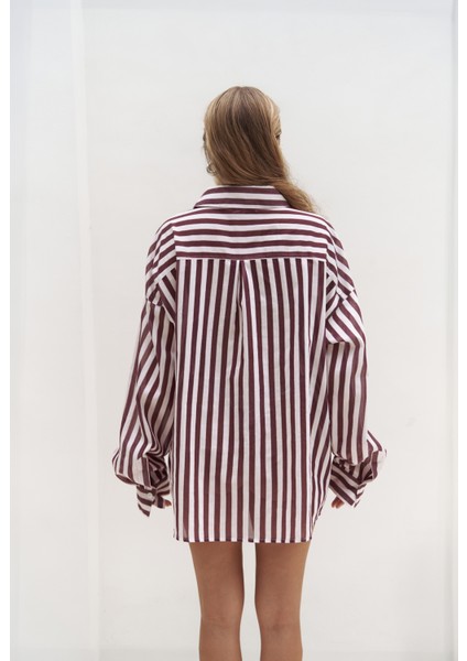 Rosy Transparan Çizgili Bordo Oversize Gömlek
