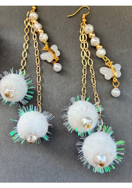 Incili Kelebekli Ponponlu Sallantılı Küpe Çift modelleri