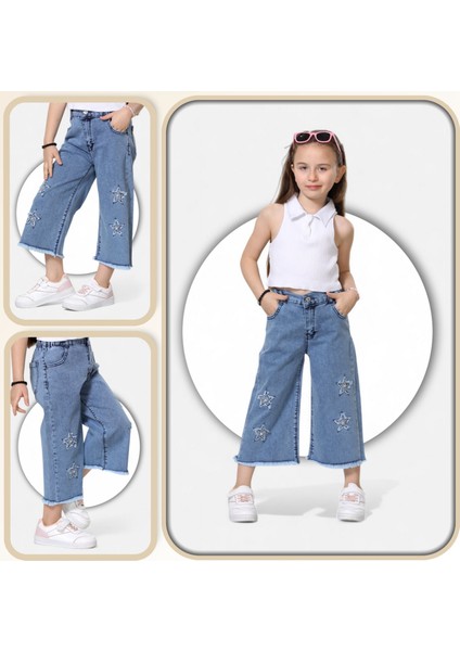 Pamuklu-Yıldız Nakışlı-Taş Süslemeli-Likralı-Paça Tüysütme Detaylı-Kız Çocuk Bermuda