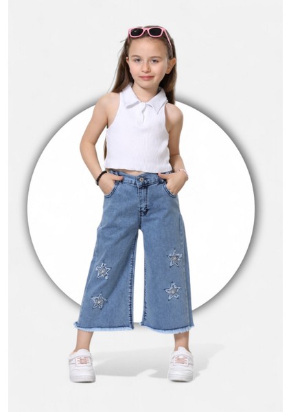Pamuklu-Yıldız Nakışlı-Taş Süslemeli-Likralı-Paça Tüysütme Detaylı-Kız Çocuk Bermuda fiyatları