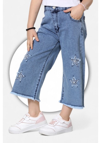 Pamuklu-Yıldız Nakışlı-Taş Süslemeli-Likralı-Paça Tüysütme Detaylı-Kız Çocuk Bermuda modelleri