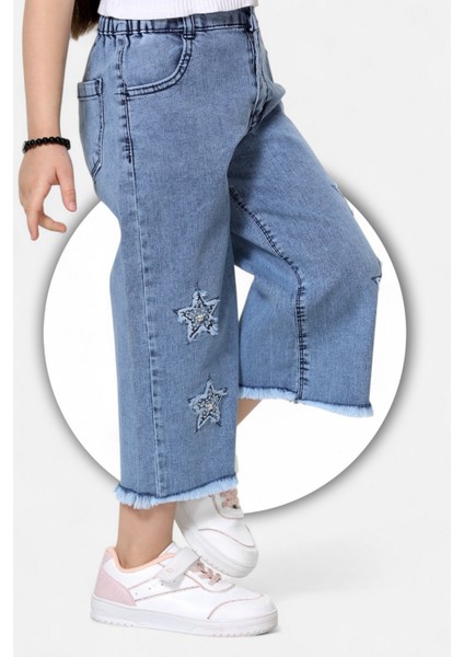 Pamuklu-Yıldız Nakışlı-Taş Süslemeli-Likralı-Paça Tüysütme Detaylı-Kız Çocuk Bermuda fırsatları