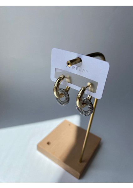 Özel Seri Gold Bombe Zirkon Taşlı Iç Içe Geçmeli Küpe