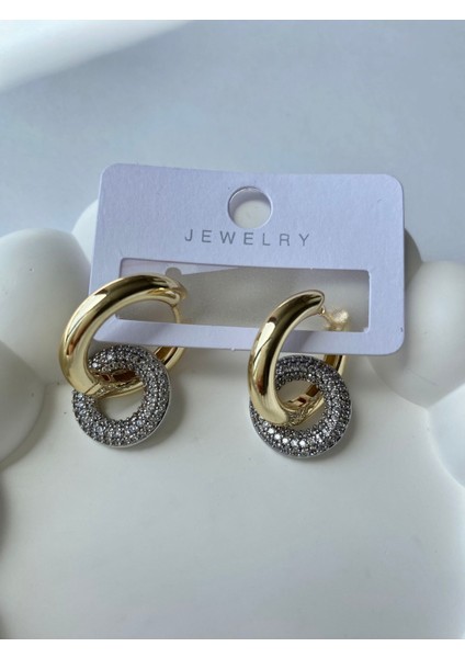 Özel Seri Gold Bombe Zirkon Taşlı Iç Içe Geçmeli Küpe fiyatları