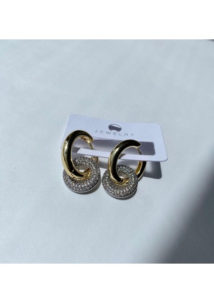 Özel Seri Gold Bombe Zirkon Taşlı Iç Içe Geçmeli Küpe modelleri