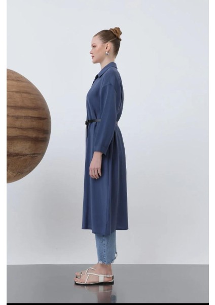 Kadın Uzun Kemer Detaylı Gömlek Elbise - 20629