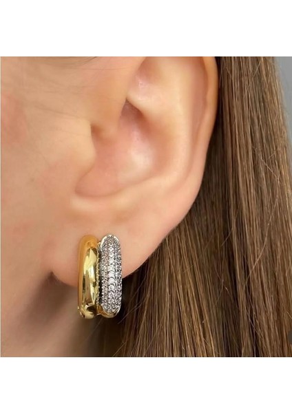 Gold Zirkon Taşlı Çift Renk Küpe