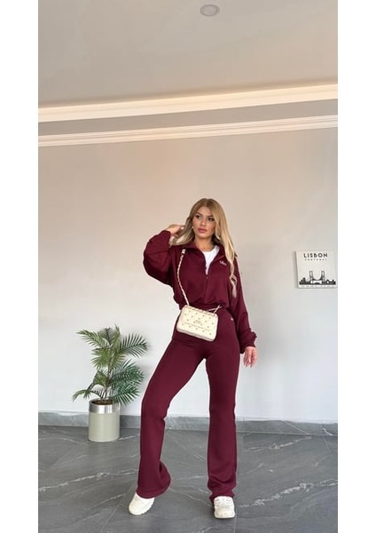 Kadın Yeni Sezon Sweat Yarım Fermuarlı Esnek Likralı Ispanyol Paça 3 Lü Takım