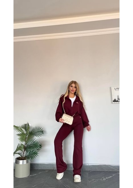 Kadın Yeni Sezon Sweat Yarım Fermuarlı Esnek Likralı Ispanyol Paça 3 Lü Takım