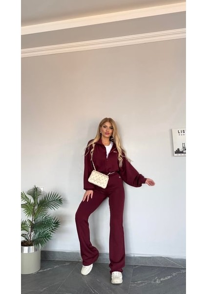 Kadın Yeni Sezon Sweat Yarım Fermuarlı Esnek Likralı Ispanyol Paça 3 Lü Takım