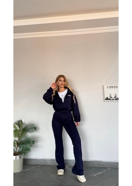 Kadın Yeni Sezon Sweat Yarım Fermuarlı Esnek Likralı Ispanyol Paça 3 Lü Takım