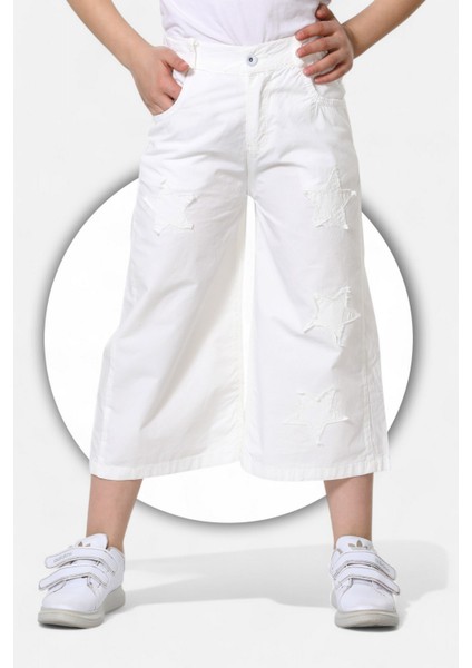 % 100 Pamuk-Paraşüt Kumaş-Yıldız Aplikeli-Yarım Lastikli-Kız Çocuk Bermuda