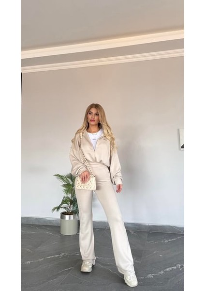 Kadın Yeni Sezon Sweat Yarım Fermuarlı Esnek Likralı Ispanyol Paça 3 Lü Takım