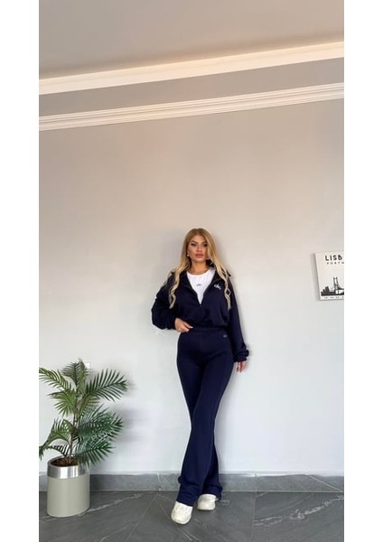 Kadın Yeni Sezon Sweat Yarım Fermuarlı Esnek Likralı Ispanyol Paça 3 Lü Takım