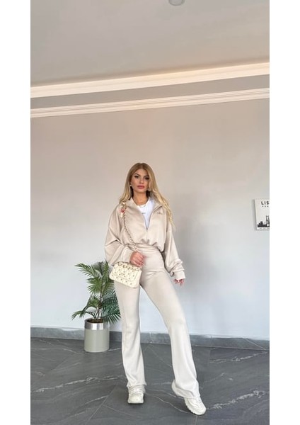 Kadın Yeni Sezon Sweat Yarım Fermuarlı Esnek Likralı Ispanyol Paça 3 Lü Takım