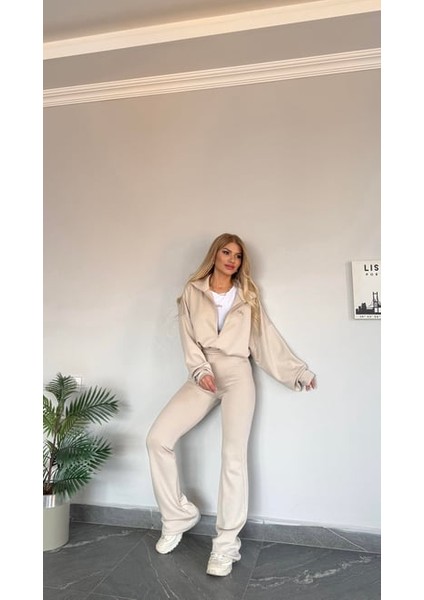 Kadın Yeni Sezon Sweat Yarım Fermuarlı Esnek Likralı Ispanyol Paça 3 Lü Takım