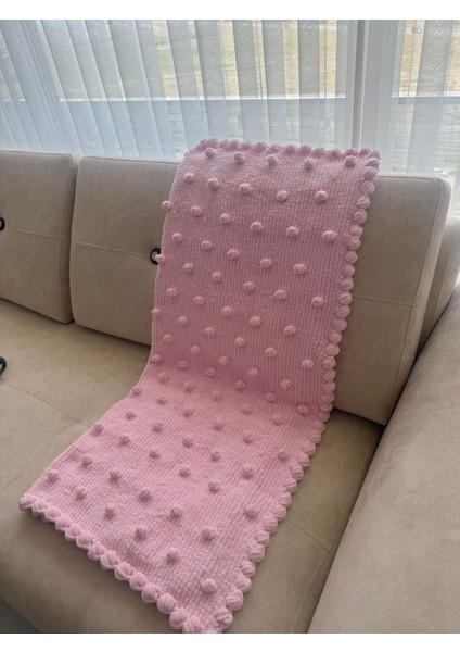 Peluş Kadife Ipten Bebek Battaniyesi El Örgüsü Tomurcuk Desenli Çocuk Battaniyesi