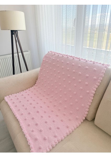 Peluş Kadife Ipten Bebek Battaniyesi El Örgüsü Tomurcuk Desenli Çocuk Battaniyesi