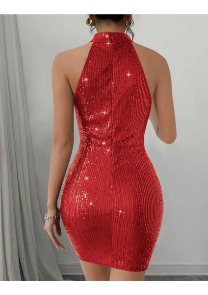 Halter Yaka Pul Payet Mini Elbise