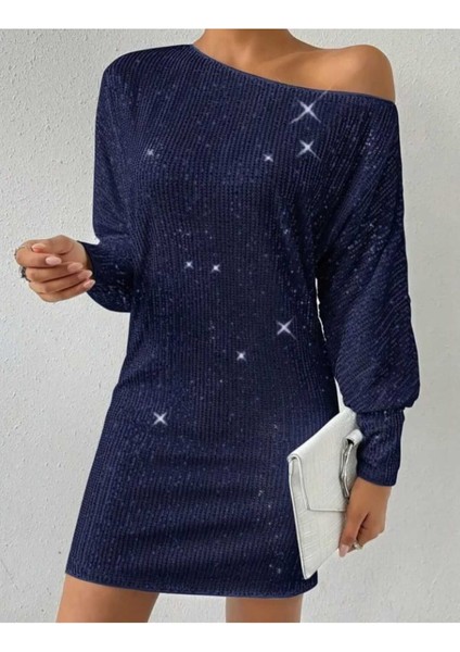 Kayık Yaka Uzun Kollu Pul Payet Mini Elbise