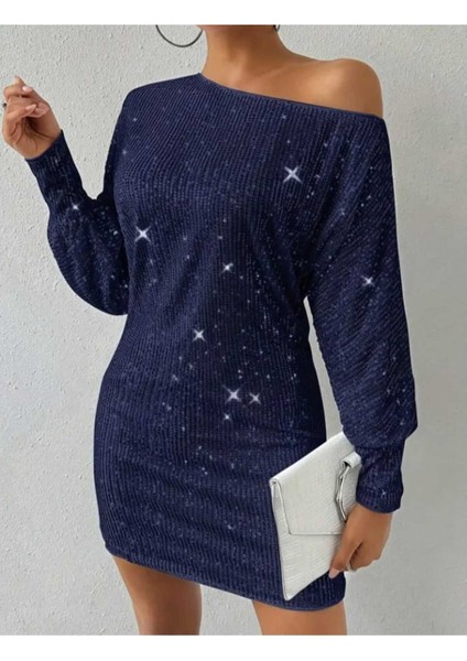 Kayık Yaka Uzun Kollu Pul Payet Mini Elbise