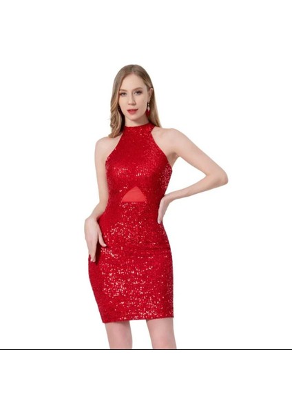 Halter Yaka Belden Üçken Tüllü Pul Payet Mini Elbise