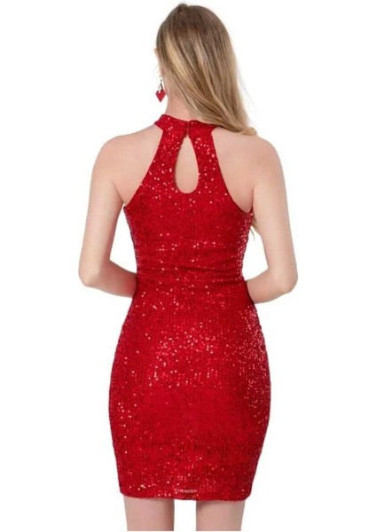 Halter Yaka Belden Üçken Tüllü Pul Payet Mini Elbise