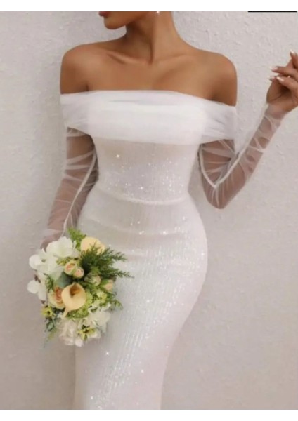 Havuz Yaka Tül Kollu Pul Payet Nikah Elbisesi