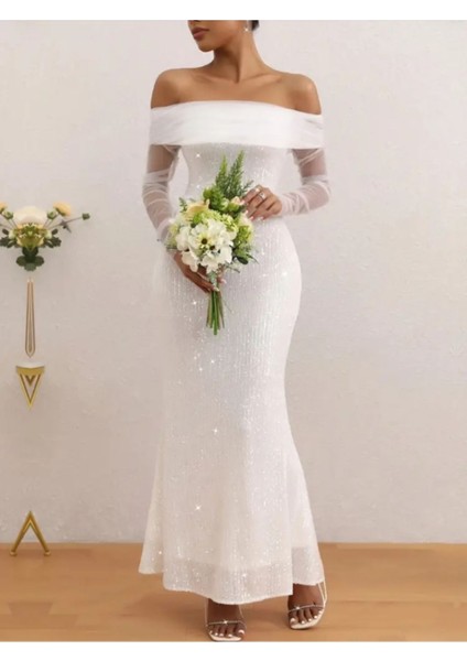 Havuz Yaka Tül Kollu Pul Payet Nikah Elbisesi