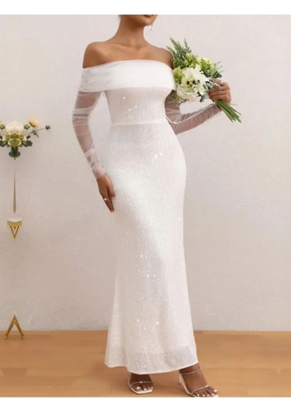 Havuz Yaka Tül Kollu Pul Payet Nikah Elbisesi
