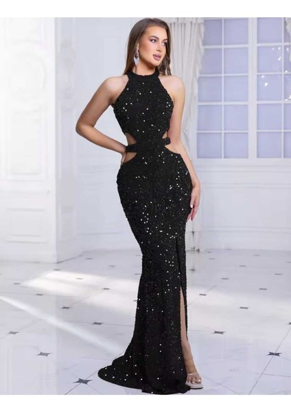 Halter Yaka Bel Dekolteli Yırtmaçlı Uzun Pul Payet Abiye Elbise