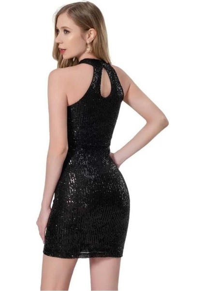 Halter Yaka Belden Üçken Tüllü Pul Payet Mini Elbise