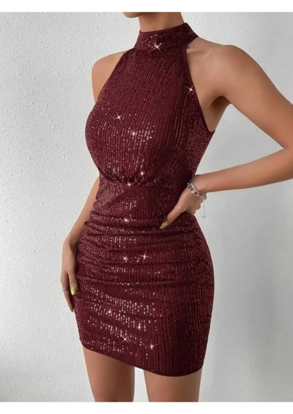 Halter Yaka Pul Payet Mini Elbise