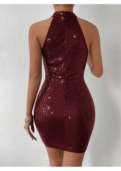 Halter Yaka Pul Payet Mini Elbise