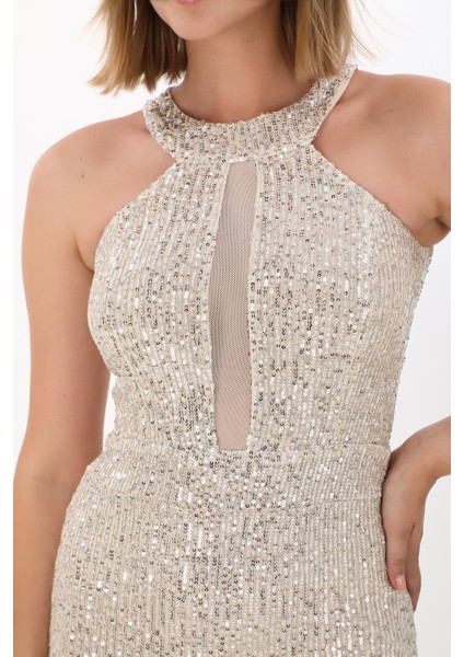 Halter Yaka Pul Payet Mini Elbise