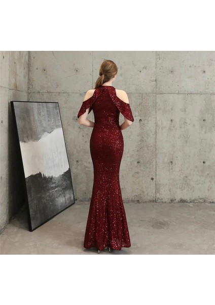 Halter Yaka Pul Payet Abiye Elbise