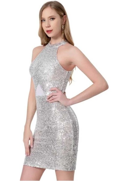 Halter Yaka Belden Üçken Tüllü Pul Payet Mini Elbise