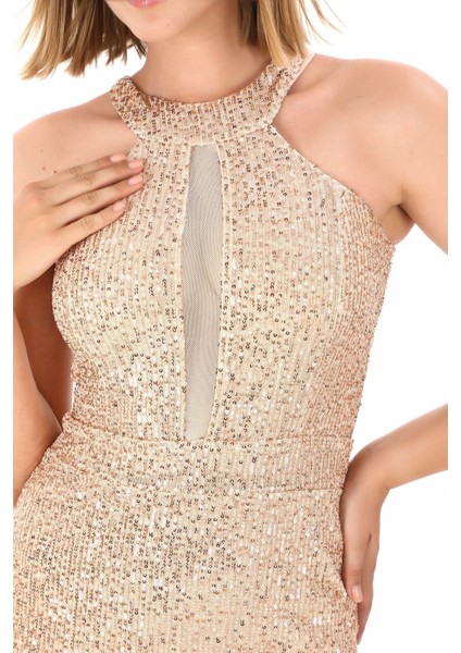 Halter Yaka Pul Payet Mini Elbise