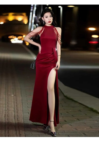 Halter Yaka Taş Detayli Saten Abiye Elbise