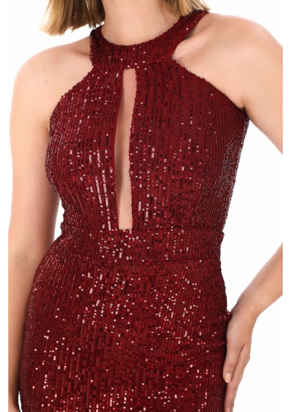 Halter Yaka Pul Payet Mini Elbise