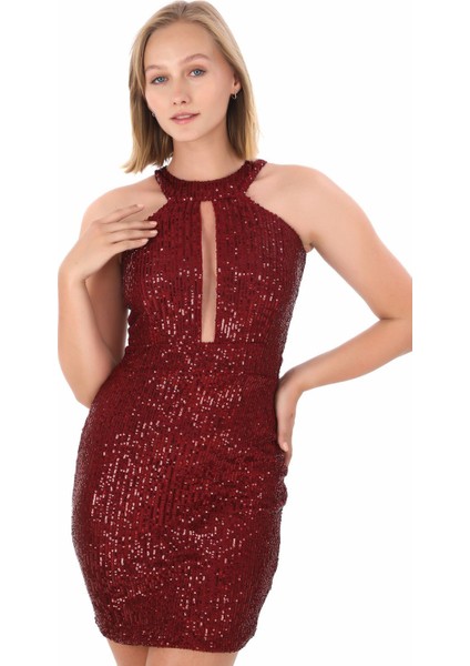 Halter Yaka Pul Payet Mini Elbise